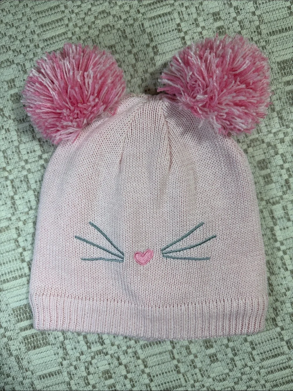 Kids Pink Pom-Pom Knit Beanie Hat with Heart Detail